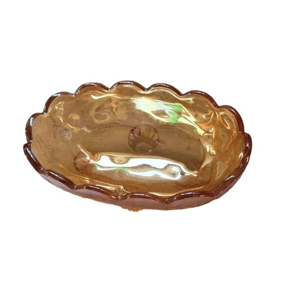 Vintage Jeanette Flora Amber Iridescent Carnival Glass Candy Dish Bowl Small 5" - Picture 4 of 8